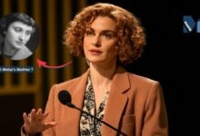 British actress Rachel Weisz next to a vintage portrait representing her mother, Edith Ruth Weisz