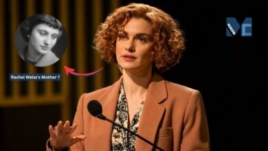 British actress Rachel Weisz next to a vintage portrait representing her mother, Edith Ruth Weisz