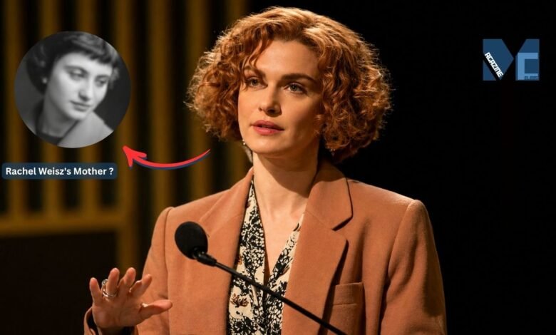 British actress Rachel Weisz next to a vintage portrait representing her mother, Edith Ruth Weisz