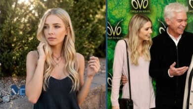 Side by side photos of Ruby Schofield in a black top, and smiling alongside her father, UK television presenter Phillip Schofield, at the Cirque du Soleil OVO red carpet event.