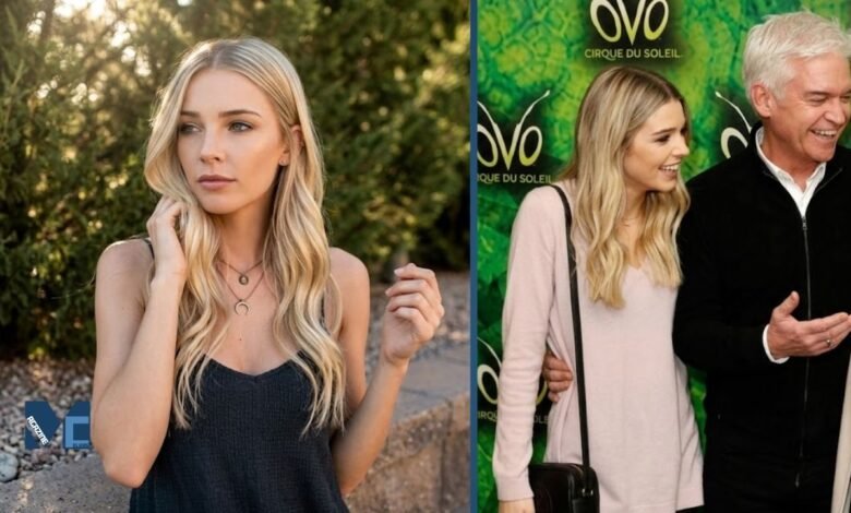 Side by side photos of Ruby Schofield in a black top, and smiling alongside her father, UK television presenter Phillip Schofield, at the Cirque du Soleil OVO red carpet event.