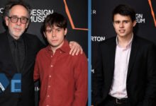 Split photo of Billy Raymond Burton posing with his father Tim Burton, and a solo portrait of Billy at the Design Museum