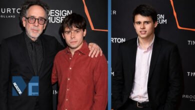 Split photo of Billy Raymond Burton posing with his father Tim Burton, and a solo portrait of Billy at the Design Museum