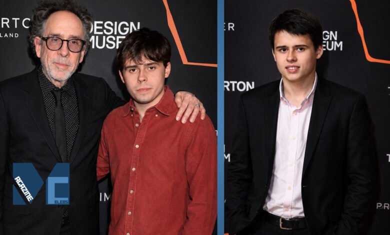 Split photo of Billy Raymond Burton posing with his father Tim Burton, and a solo portrait of Billy at the Design Museum