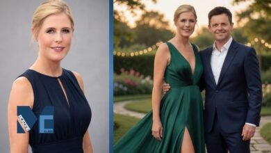 Ali Astall posing with Declan Donnelly in elegant formal outfits during a luxury outdoor evening event.