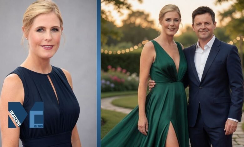 Ali Astall posing with Declan Donnelly in elegant formal outfits during a luxury outdoor evening event.
