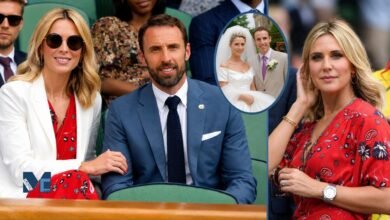 Gareth Southgate and his wife Alison Southgate attending an event, featuring a throwback inset photo of their wedding day.