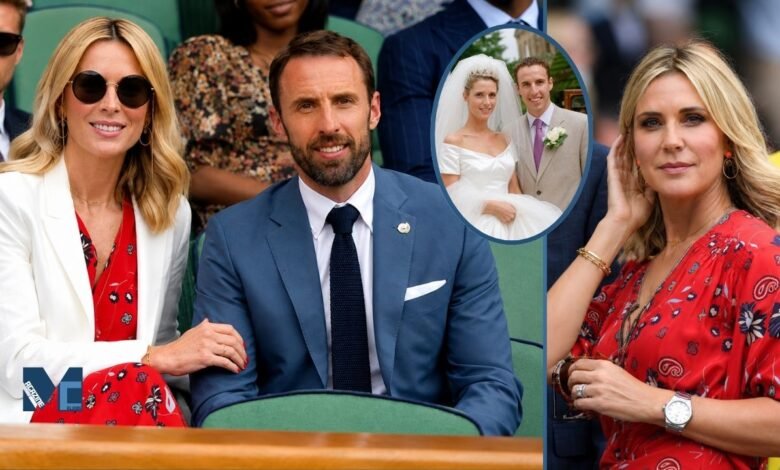 Gareth Southgate and his wife Alison Southgate attending an event, featuring a throwback inset photo of their wedding day.