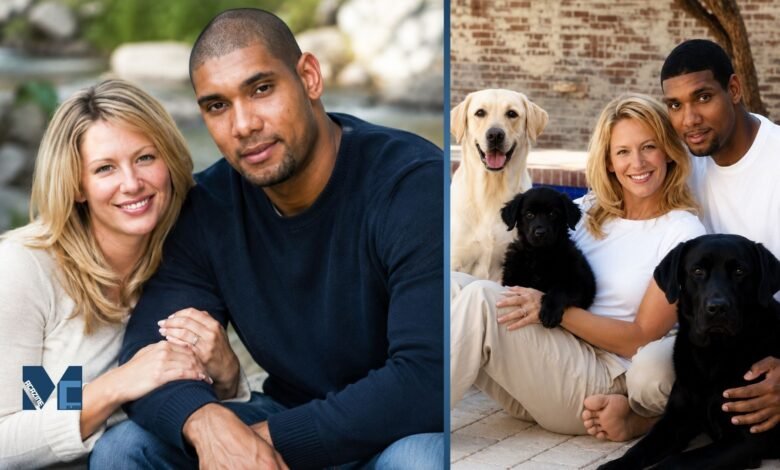 A collage of two photos featuring Amy Sherrill and her former husband, NBA legend Tim Duncan, including a rare family portrait with their dogs.