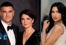 A split-screen image featuring Anesa Lipa in a dark velvet outfit alongside her husband Dukagjin Lipa on the left, and a close-up portrait of their daughter, pop star Dua Lipa, on the right.