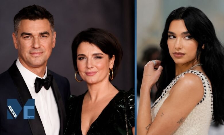 A split-screen image featuring Anesa Lipa in a dark velvet outfit alongside her husband Dukagjin Lipa on the left, and a close-up portrait of their daughter, pop star Dua Lipa, on the right.
