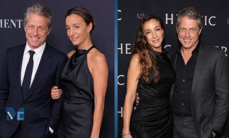 Swedish TV producer Anna Elisabet Eberstein attending a red carpet event with her husband, British actor Hugh Grant.