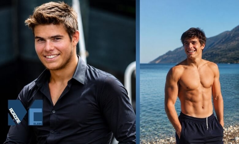 Arthur Chatto in stylish portrait and beach photos featuring casual fashion, athletic physique, and luxury editorial-style photography.