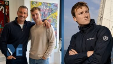 Bear Grylls posing with his son Jesse Grylls alongside a solo outdoor portrait of Jesse Grylls