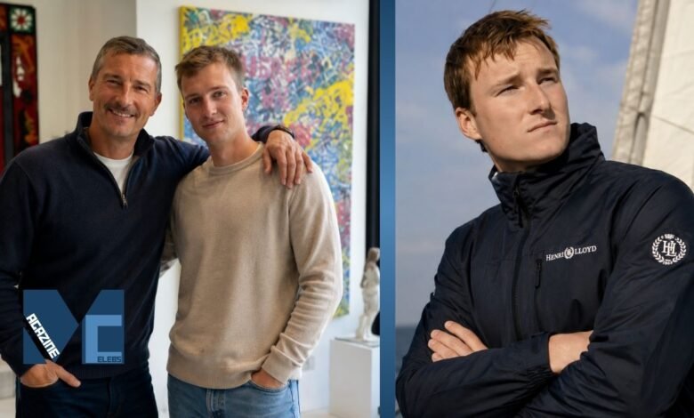Bear Grylls posing with his son Jesse Grylls alongside a solo outdoor portrait of Jesse Grylls