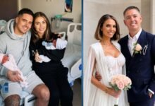 Billy Delbosq and partner Amy Childs posing with their newborn twins at the hospital and in elegant formal wedding attire.