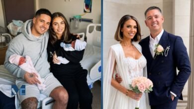 Billy Delbosq and partner Amy Childs posing with their newborn twins at the hospital and in elegant formal wedding attire.
