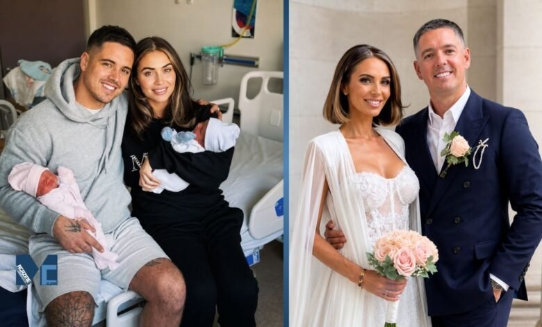 Billy Delbosq and partner Amy Childs posing with their newborn twins at the hospital and in elegant formal wedding attire.