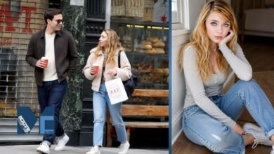 Clarista Hoult walking in the city with coffee alongside a casual indoor portrait photo.
