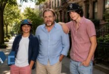 Brian Cox posing outdoors with his two sons Orson Jonathan Cox and Torin Kamran Cox on a tree-lined New York street.
