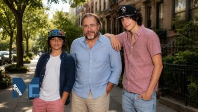 Brian Cox posing outdoors with his two sons Orson Jonathan Cox and Torin Kamran Cox on a tree-lined New York street.