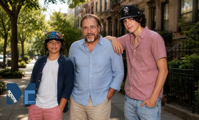 Brian Cox posing outdoors with his two sons Orson Jonathan Cox and Torin Kamran Cox on a tree-lined New York street.