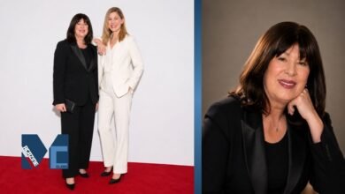 Caroline Friend standing beside daughter Rosamund Pike at a formal red carpet event, alongside a portrait-style image of Caroline Friend