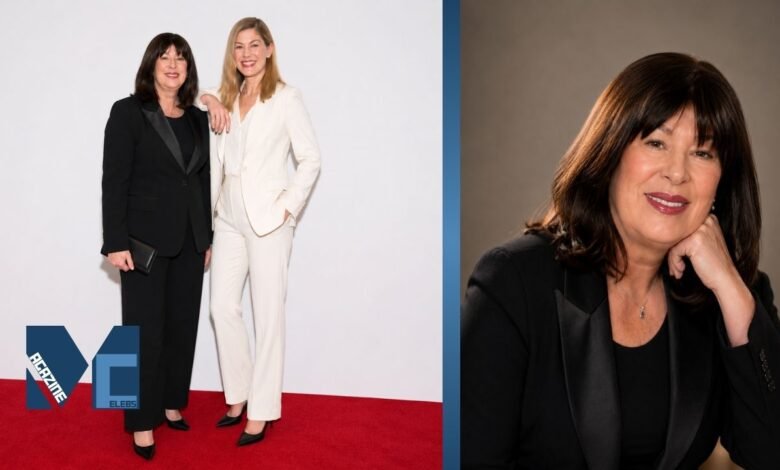 Caroline Friend standing beside daughter Rosamund Pike at a formal red carpet event, alongside a portrait-style image of Caroline Friend