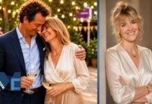 Catherine FitzGerald smiling with Dominic West at an outdoor evening event alongside a solo portrait