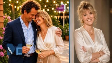 Catherine FitzGerald smiling with Dominic West at an outdoor evening event alongside a solo portrait