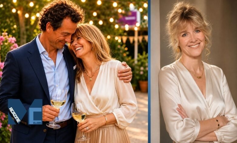 Catherine FitzGerald smiling with Dominic West at an outdoor evening event alongside a solo portrait