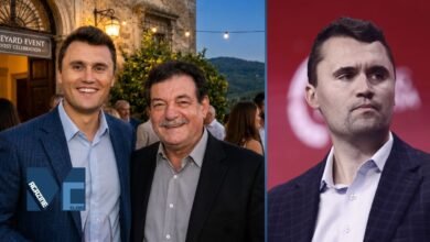 Split image showing Charlie Kirk standing with his father Robert W. Kirk on the left, and a solo portrait of Charlie Kirk on the right.