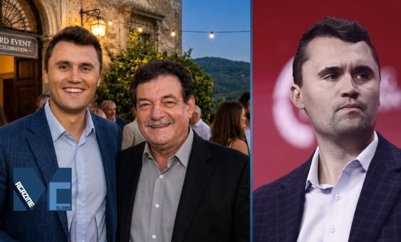 Split image showing Charlie Kirk standing with his father Robert W. Kirk on the left, and a solo portrait of Charlie Kirk on the right.