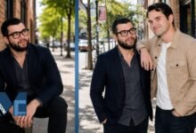 Colin Carr wearing a navy blazer and thick glasses alongside his comedian brother Jimmy Carr on a city street.