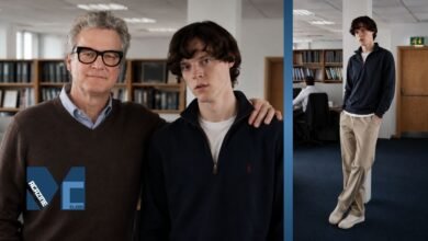 Colin Firth posing with his son William Firth in a casual modern office portrait with stylish outfits.