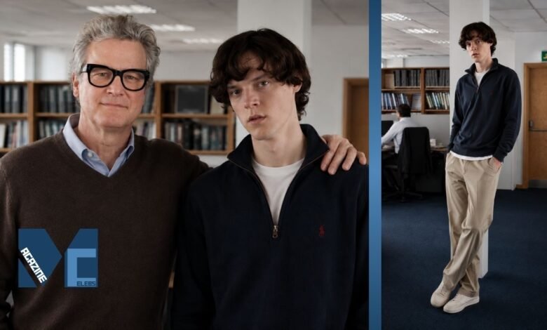 Colin Firth posing with his son William Firth in a casual modern office portrait with stylish outfits.