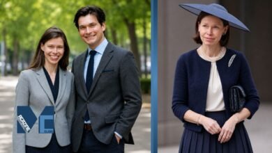 Daniel Chatto and Lady Sarah Chatto in elegant formal portraits wearing sophisticated navy and gray outfits with a refined outdoor background.