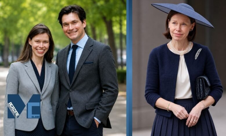 Daniel Chatto and Lady Sarah Chatto in elegant formal portraits wearing sophisticated navy and gray outfits with a refined outdoor background.