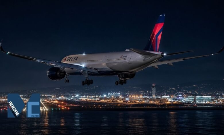 Rear view of a Delta Air Lines Airbus A350-900 widebody aircraft with landing gear extended, executing a nighttime landing approach over the water into Los Angeles International Airport LAX with city lights and the iconic terminal structures illuminated in the background.