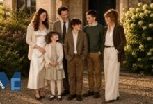Dominic West posing with Catherine FitzGerald and their children in a countryside family portrait