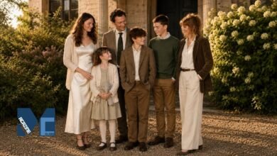 Dominic West posing with Catherine FitzGerald and their children in a countryside family portrait