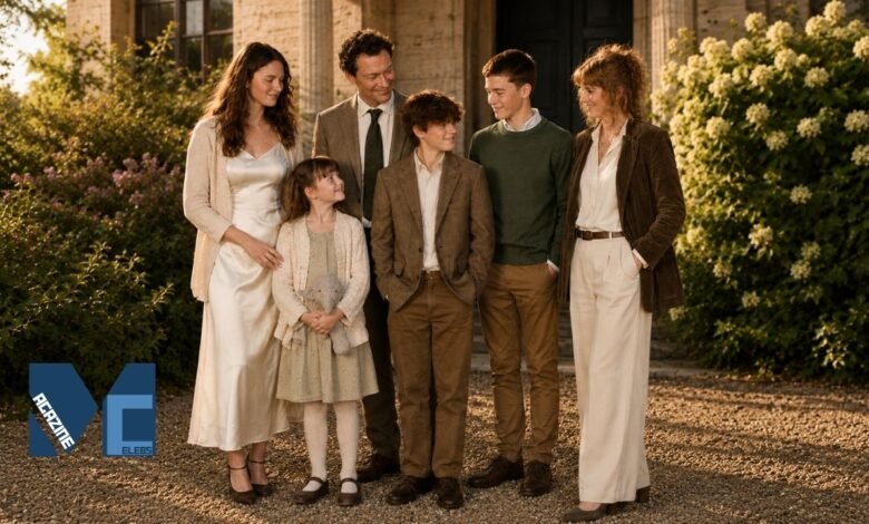 Dominic West posing with Catherine FitzGerald and their children in a countryside family portrait