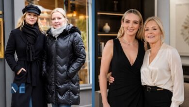 British actress Jodie Comer posing alongside her mother, Donna Comer, in a split image showing both casual everyday wear and formal attire.