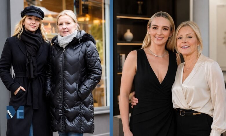 British actress Jodie Comer posing alongside her mother, Donna Comer, in a split image showing both casual everyday wear and formal attire.
