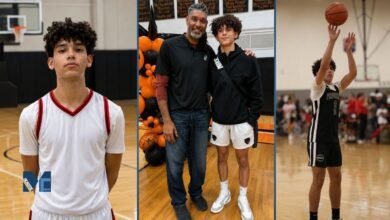 A collage featuring Draven Duncan in his basketball jersey, a photo with his father Tim Duncan at a school event, and Draven taking a jump shot during a game.