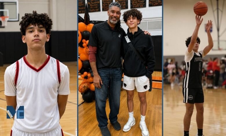 A collage featuring Draven Duncan in his basketball jersey, a photo with his father Tim Duncan at a school event, and Draven taking a jump shot during a game.