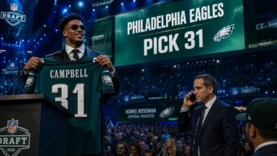 Philadelphia Eagles first-round pick Jihaad Campbell holding his number 31 draft jersey alongside general manager Howie Roseman negotiating the eagles rookie trade attempt on the phone.