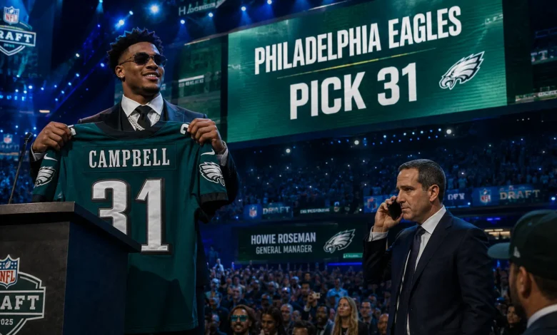 Philadelphia Eagles first-round pick Jihaad Campbell holding his number 31 draft jersey alongside general manager Howie Roseman negotiating the eagles rookie trade attempt on the phone.