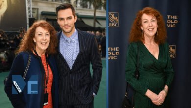 British actor Nicholas Hoult posing on the red carpet with his mother, Glenis Brown, alongside a solo portrait of her