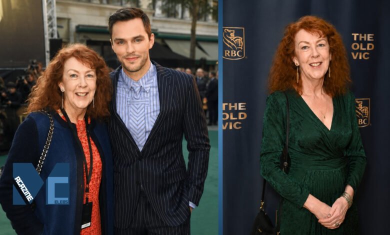 British actor Nicholas Hoult posing on the red carpet with his mother, Glenis Brown, alongside a solo portrait of her